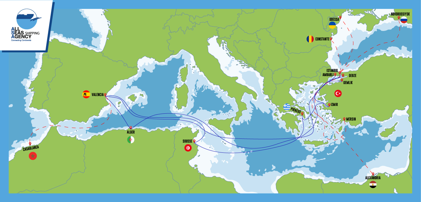 Container shipping: a map showing shipping lines from Tunisia to Turkey
